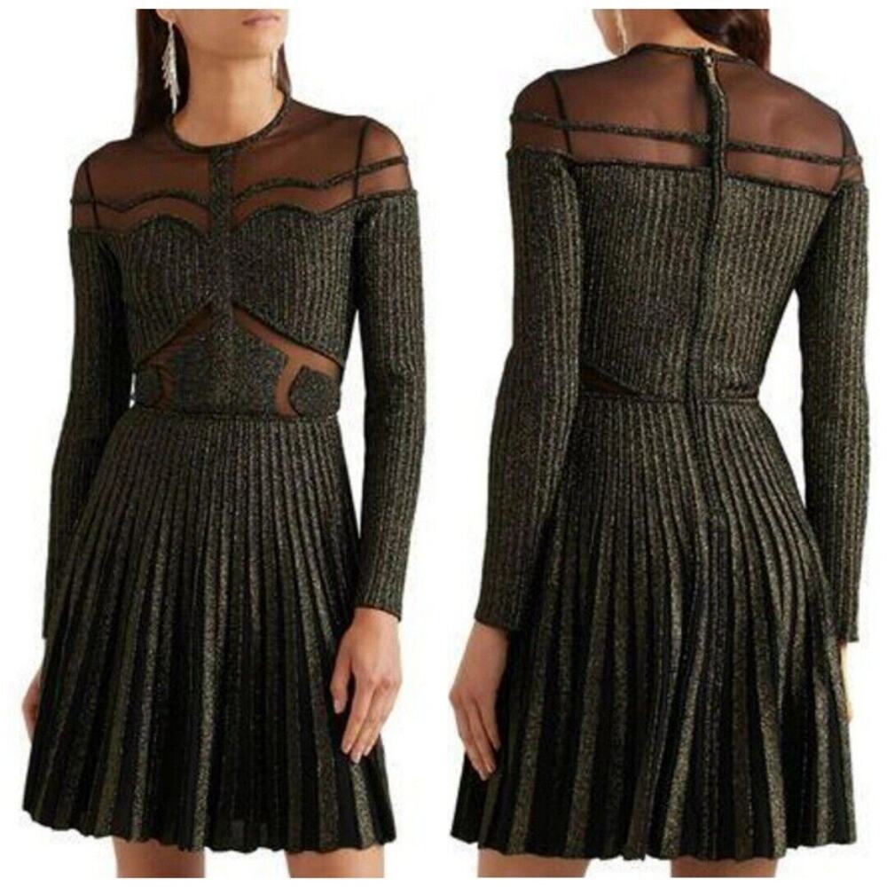 Elie Saab Gold Metallic Lurex Tulle Pleated Mini Dress $3250 Size 40 US 8/Med